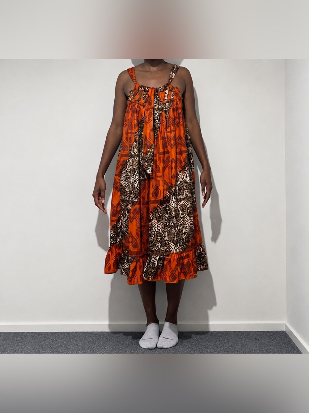Women Handmade Ankara Tie-Front Sundress Orange Brown Wax Print Midi Dress (S–L)